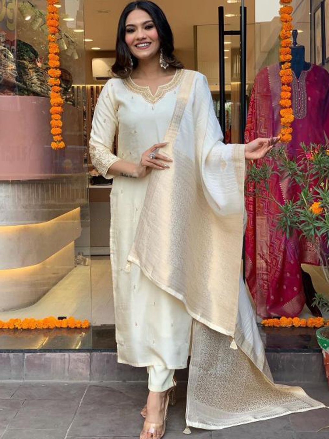 

Moda Rapido Women Embroidered Regular Beads and Stones Kurta with Trousers & With Dupatta, White