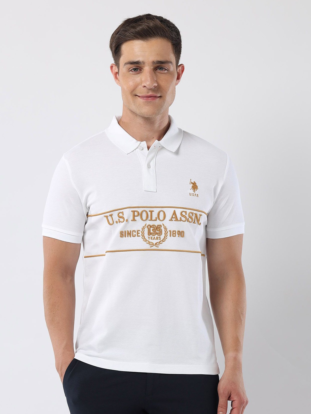 

U.S. Polo Assn. Men Typography Printed Polo Collar Cotton Slim Fit T-shirt, White