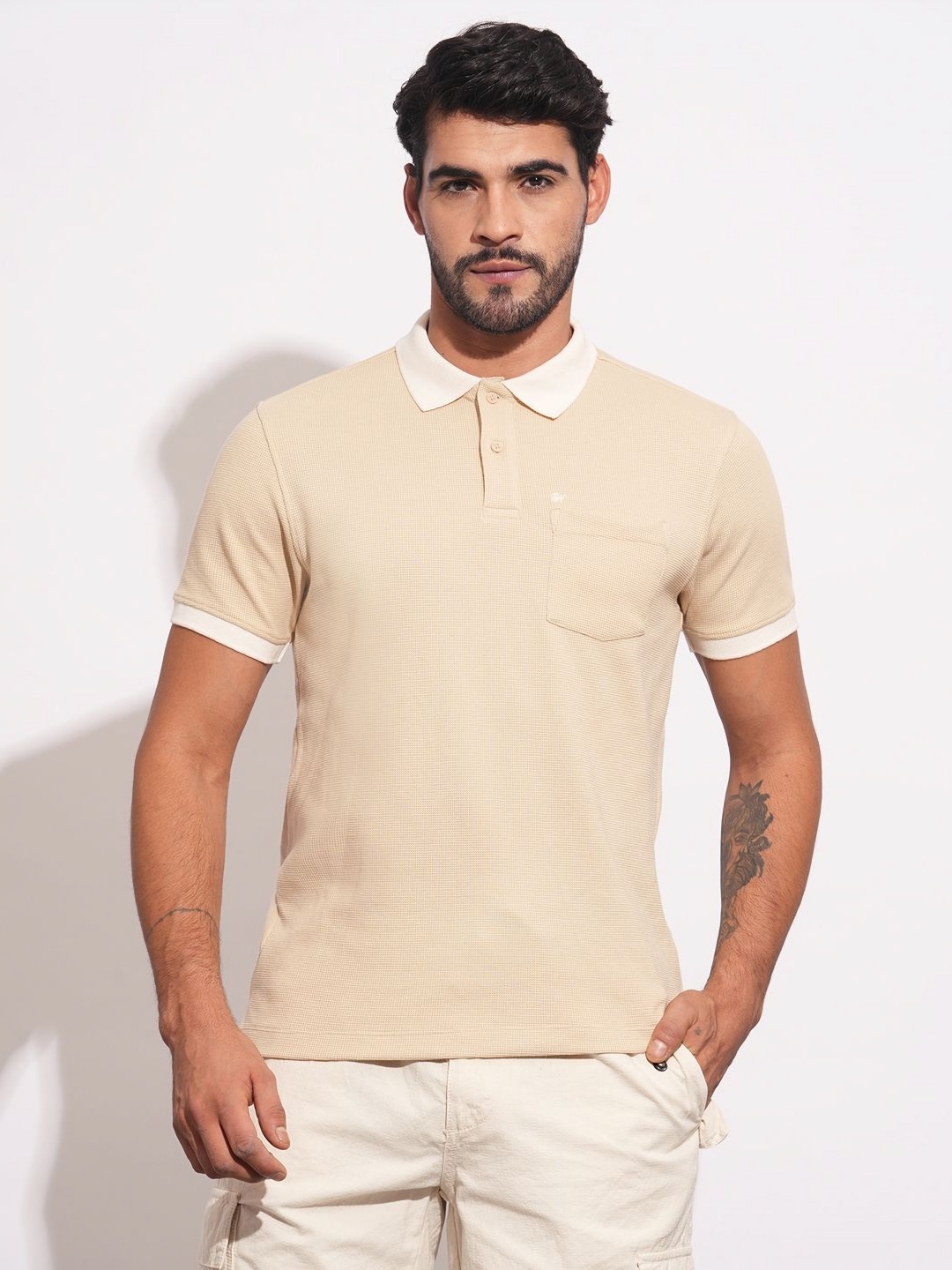 

Being Human Men Solid Polo Collar T-shirt, Beige