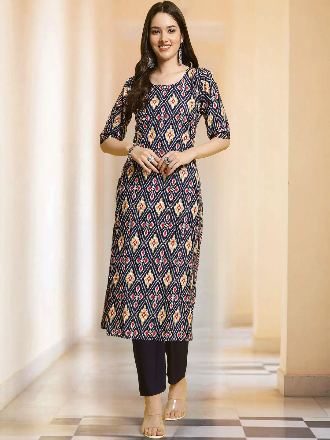

Moda Rapido Geometric Printed Round Neck Ikat Technique Straight Kurta With Trousers, Navy blue