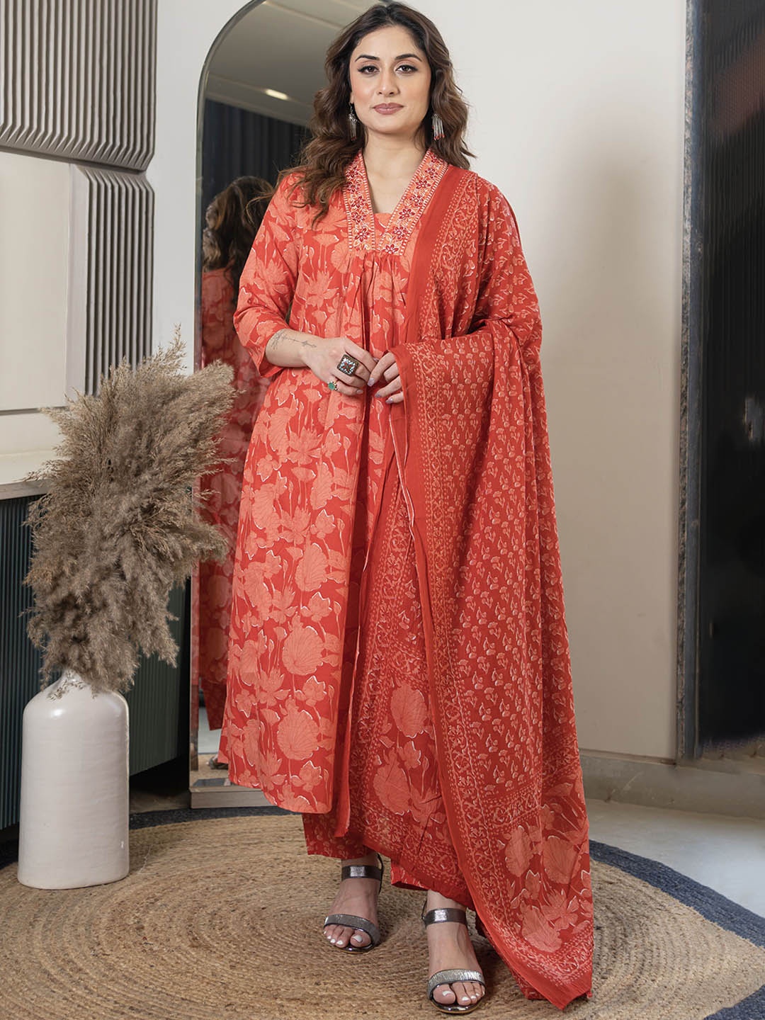 

Arayna Floral Printed V-Neck Pure Cotton A-Line Kurta With Trousers & Dupatta, Red