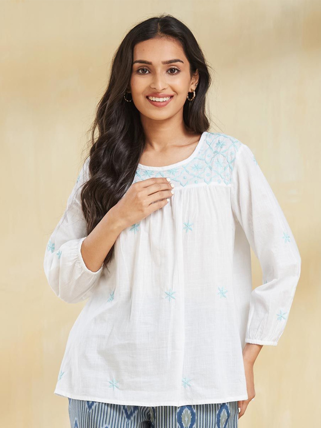 

Fabindia Embroidered Cotton Top, White