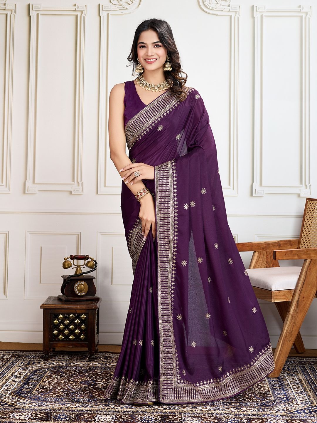 

House of Pataudi Cadberry Embroidered Saree With Unstitched Blouse, Purple