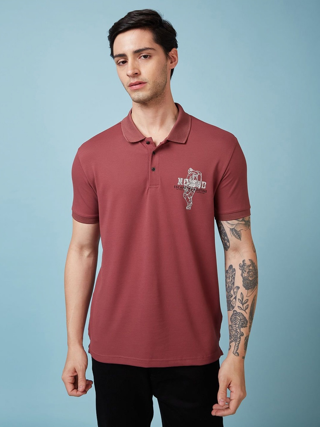 

Status Quo Men Graphic Printed Polo Collar Regular Fit T-shirt, Mauve