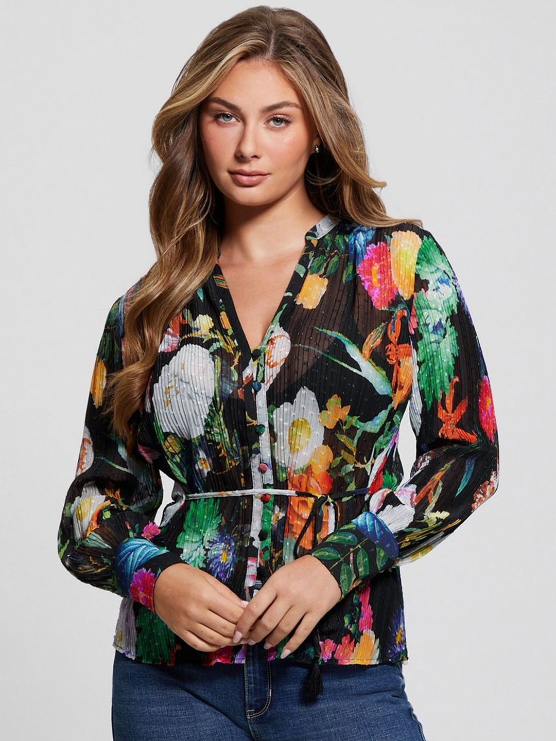 

GUESS Floral Print Mandarin Collar Top, Black