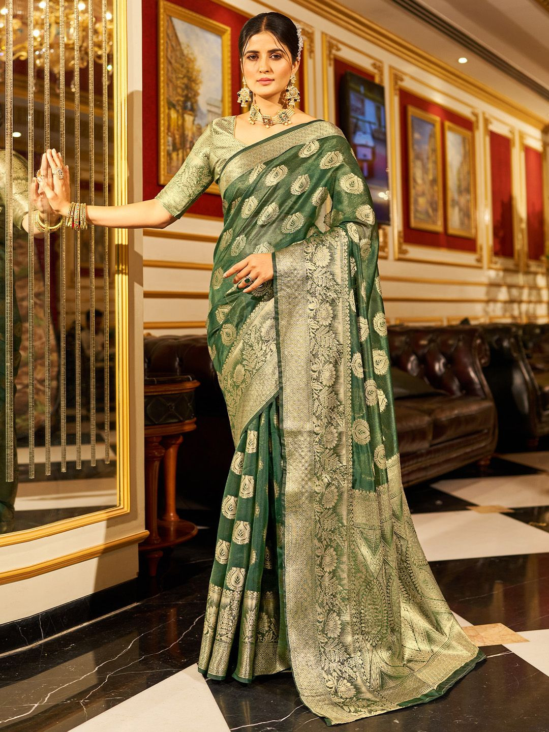 

Mitera Woven Design Zari Organza Banarasi Saree, Green