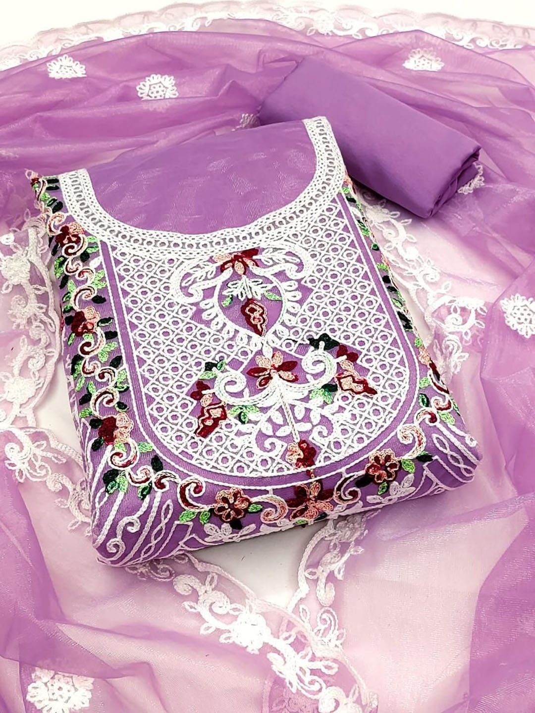 

BlissFlair Floral Embroidered Thread Work Unstitched Dress Material, Purple
