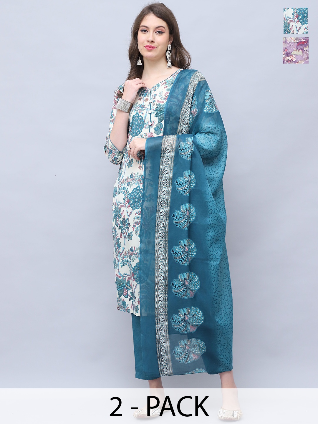 

Rajnandini Selection Of 2 Floral Printed Gotta Patti Straight Kurta with Trouser & Dupatta, Purple