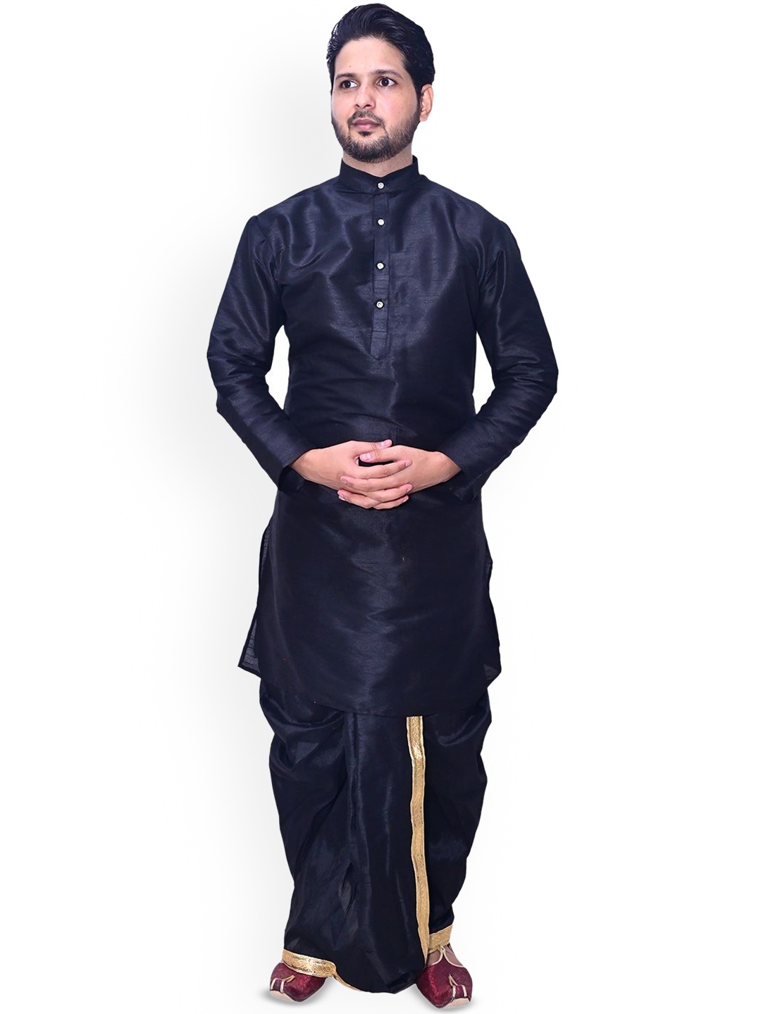 

Om Shubh Mangalam Band Collar Straight Kurta with Dhoti Pants, Black
