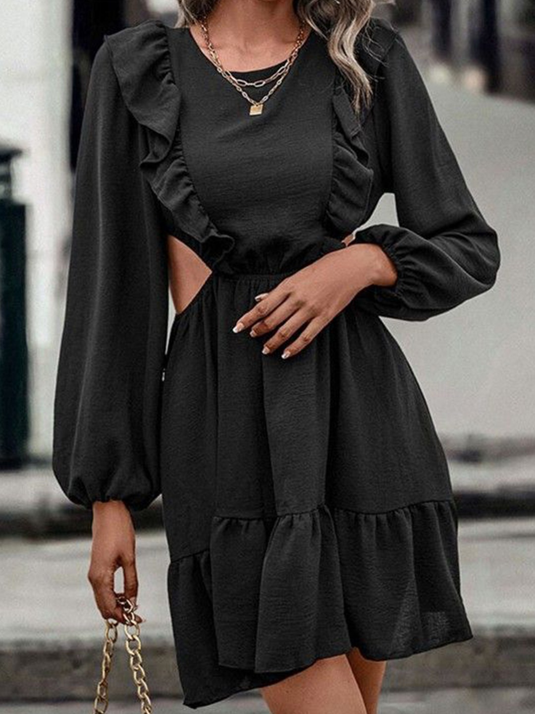 

DressBerry Puff Sleeve A-Line Dress, Black