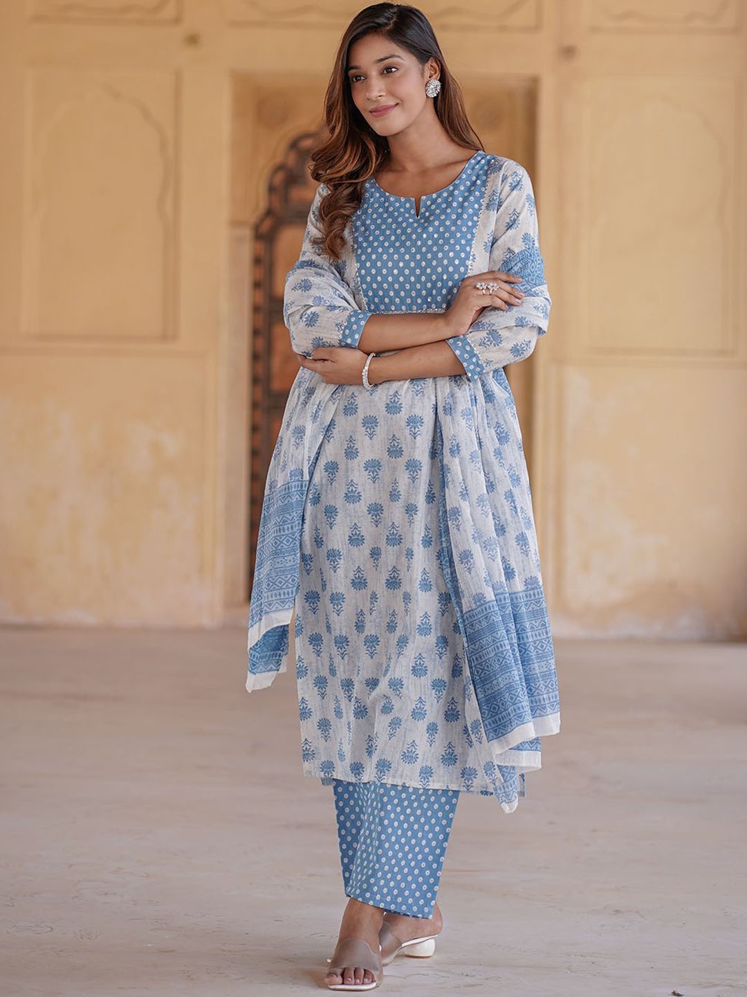 

KALINI Floral Printed Notch Neck Pure Cotton Straight Kurta with Trousers & Dupatta, White