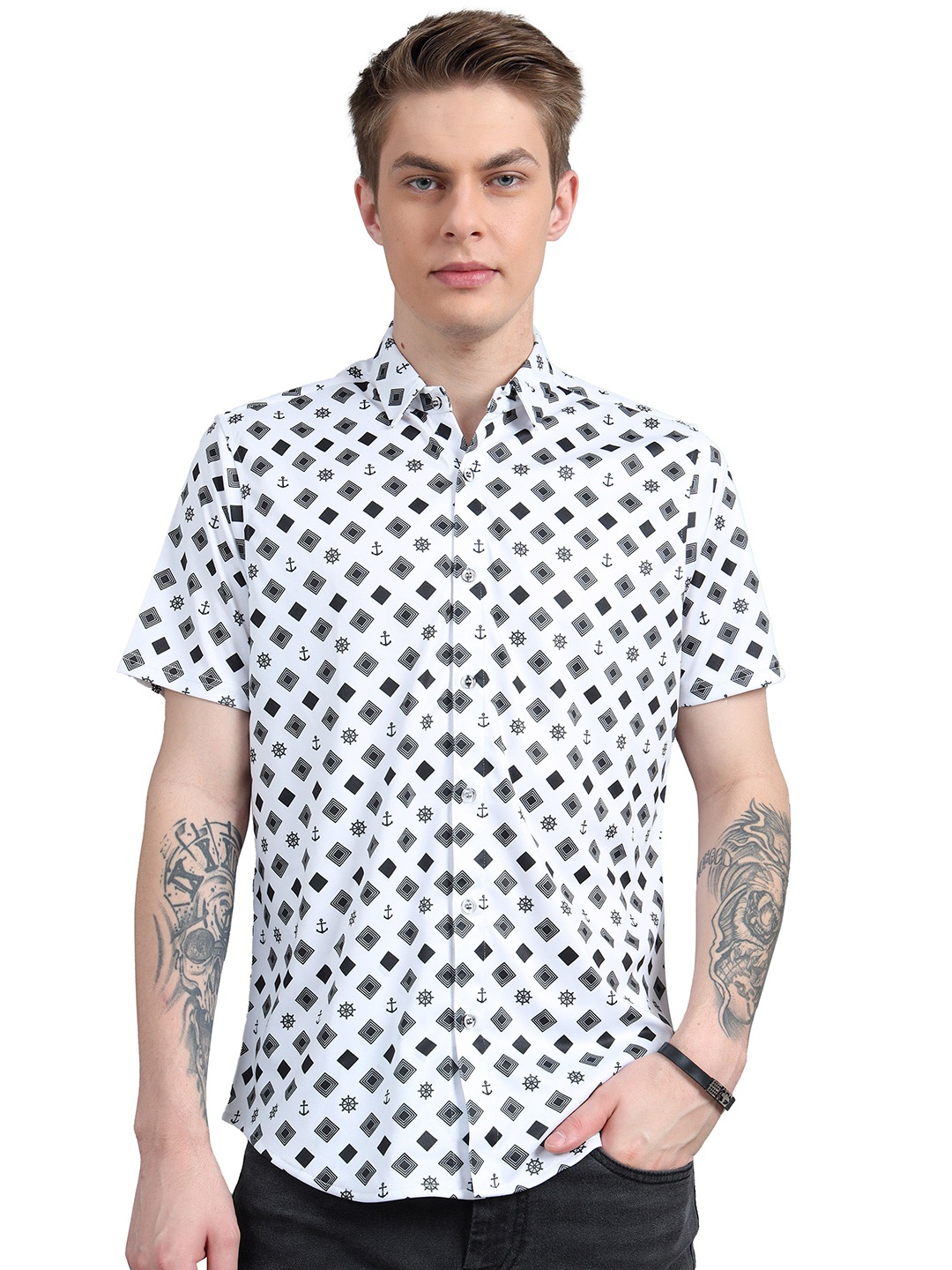 

ECOLINE Clothing Men Standard Opaque Printed Casual Shirt, White