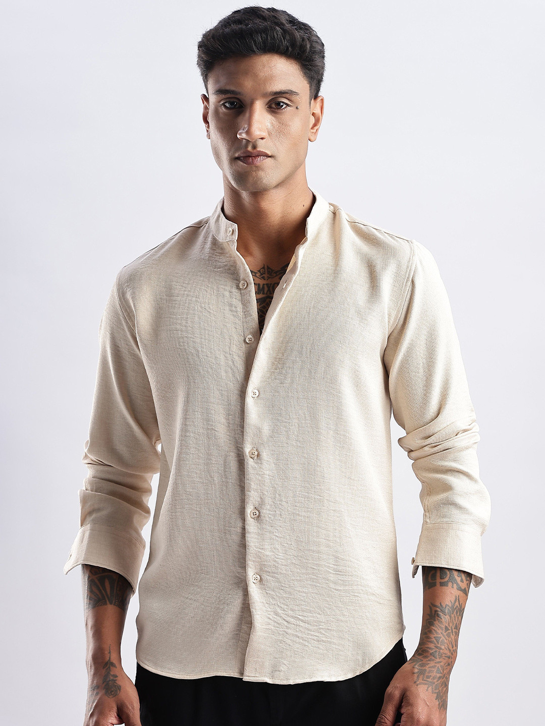 

THE BEETEL HOUSE Men Milange Linen Look Regular Slim Fit Casual Shirt, Cream