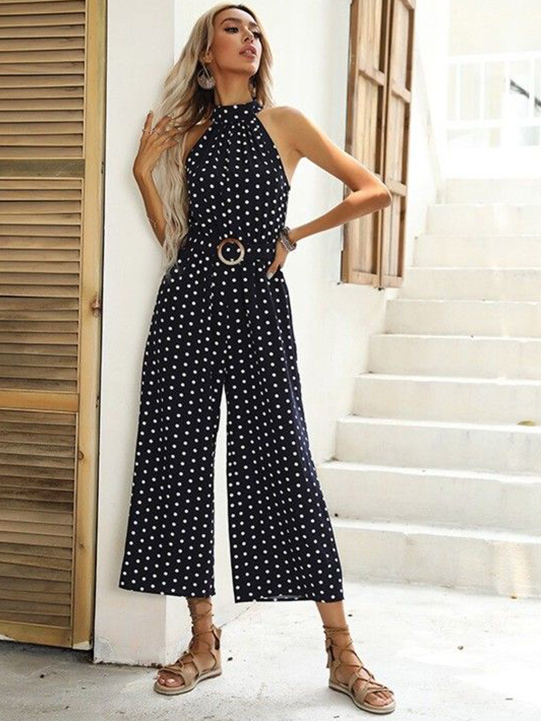 

HERE&NOW Halter Neck Printed Basic Jumpsuit, Black