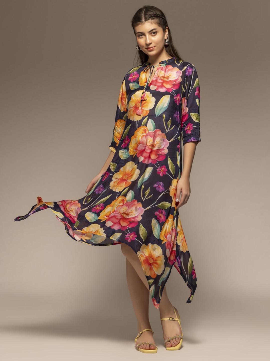 

CORSICA Floral Print Tie-Up Neck A-Line Dress, Green