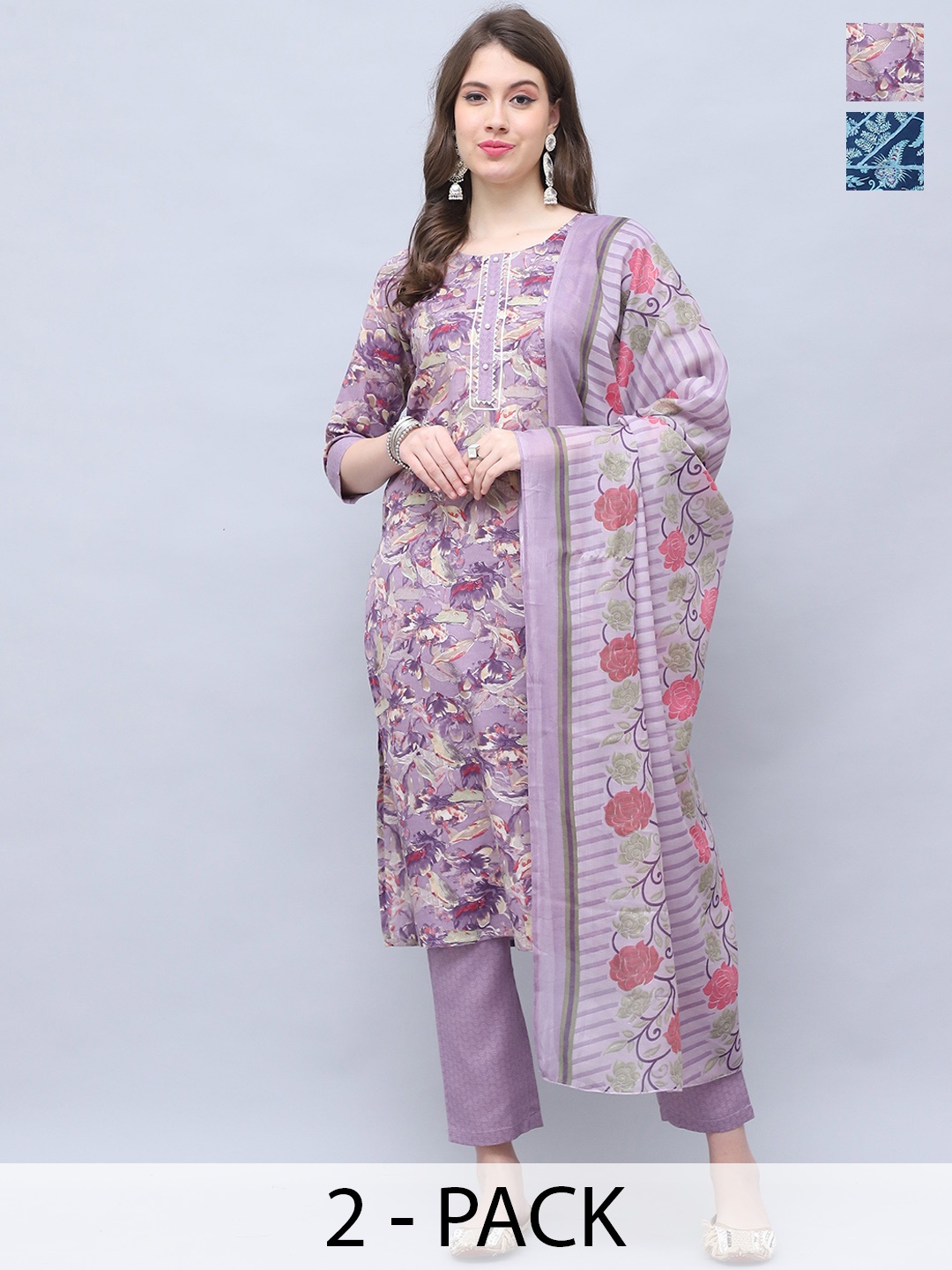 

Roly Poly Slection Of 2 Floral Printed Straight Kurta with Trousers & Dupatta, Purple