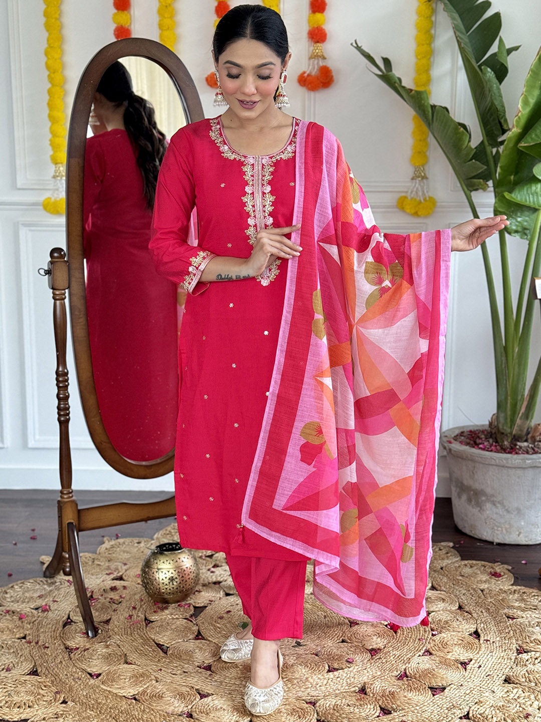 

KALINI Floral Embroidered Round Neck Straight Kurta With Trousers And Dupatta, Red