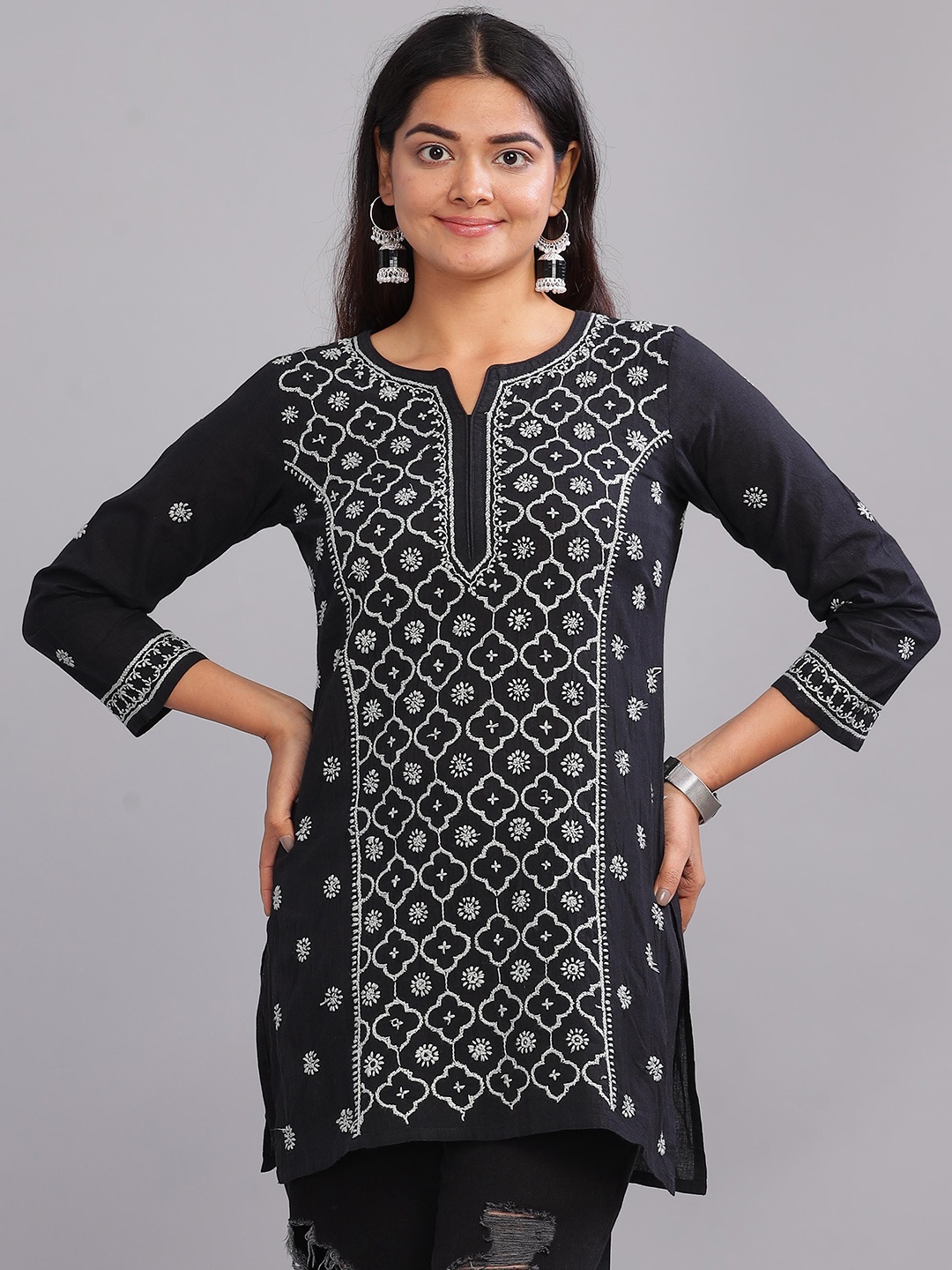 

Club Loom Floral Chikankari Embroidered Pure Cotton Straight Kurti, Black