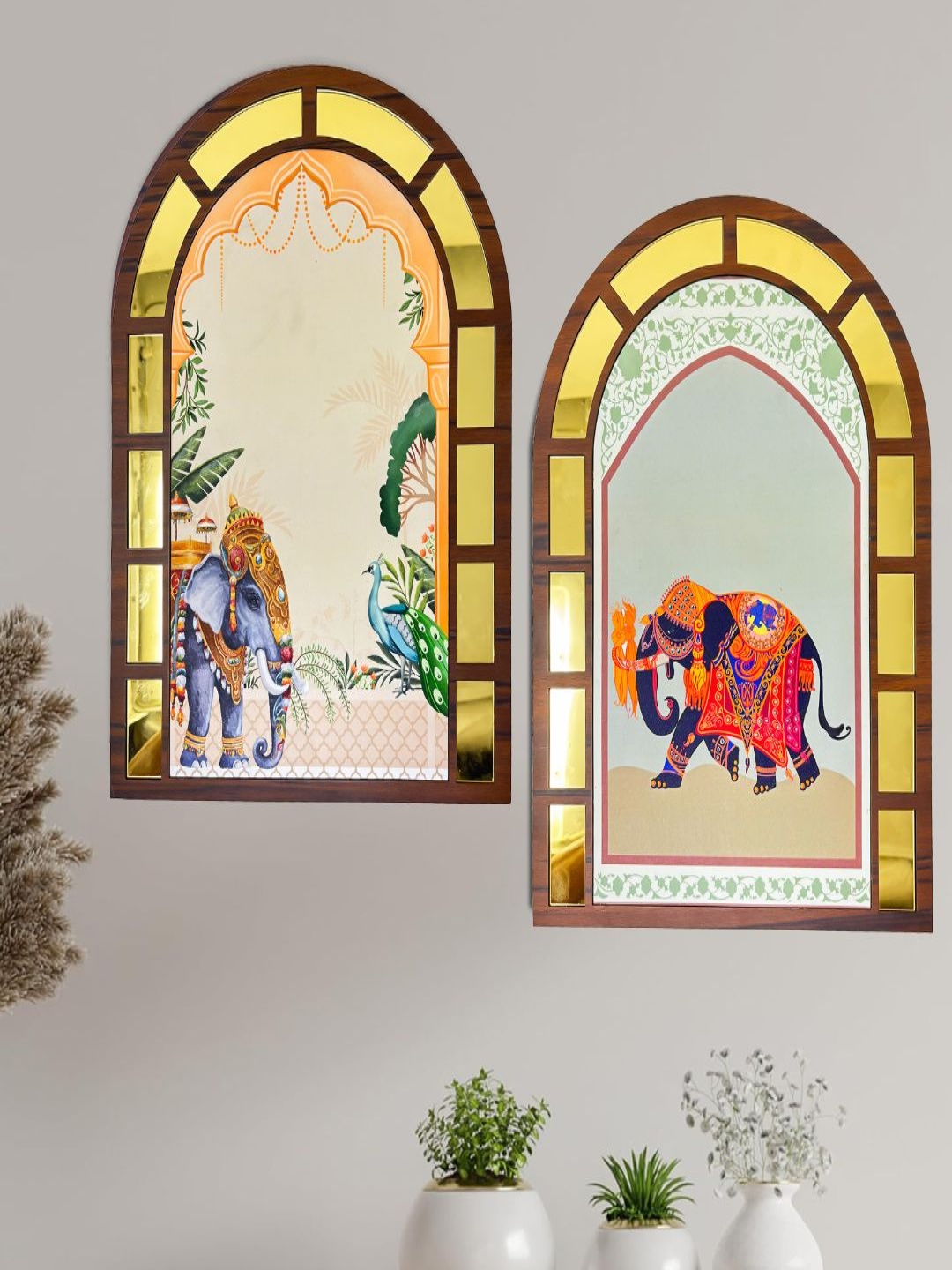 

CVANU Yellow & Maroon 2 Pieces Elephant Printed Wooden Wall Decors