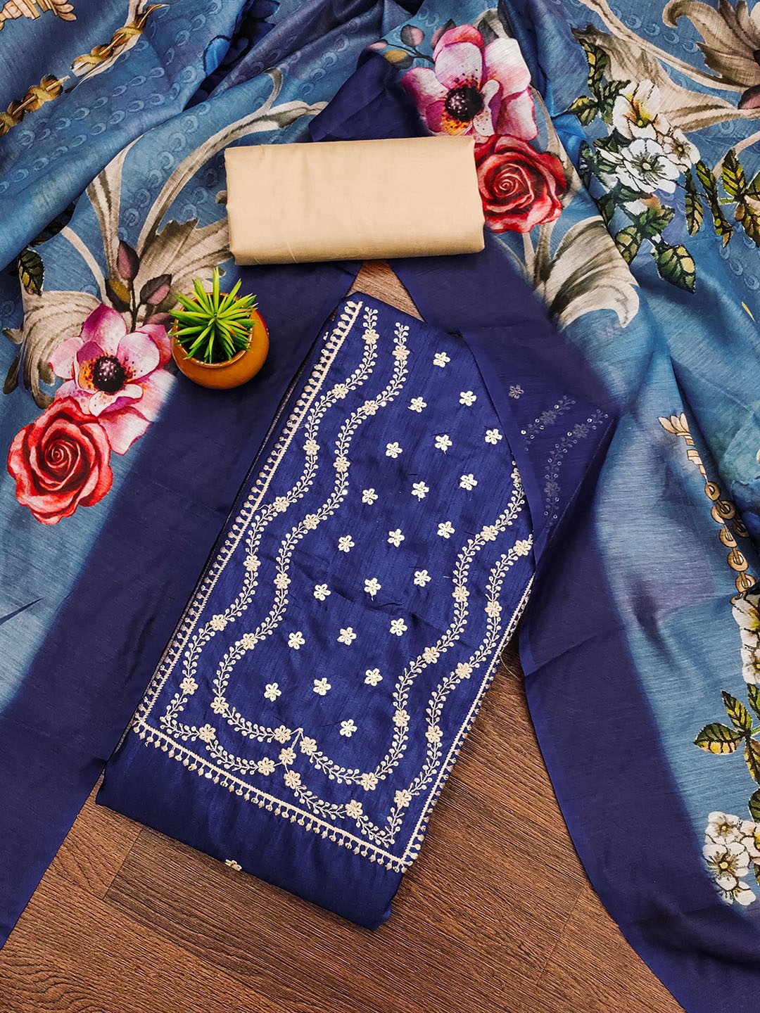 

MANVAA Embellished Unstitched Dress Material, Navy blue