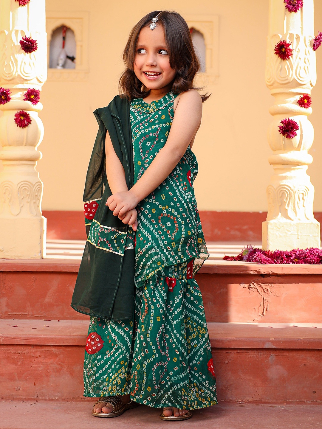 

Thread & Button Girls Green Bandhani Sharara Set