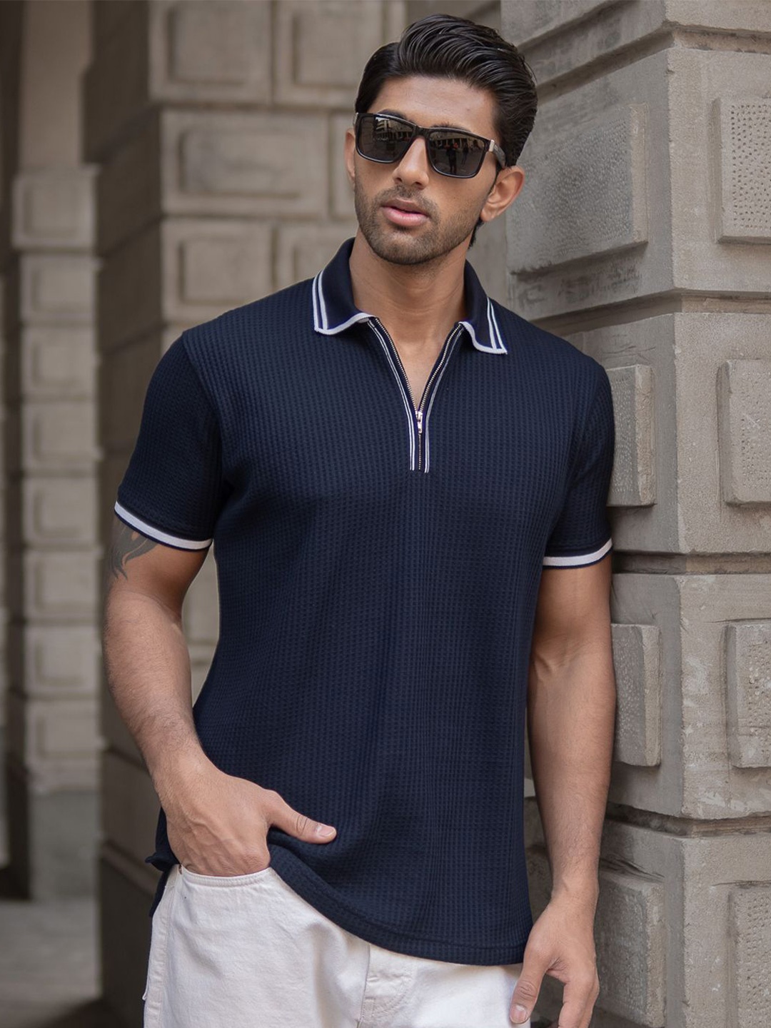 

Powerlook Men Typography Polo Collar T-shirt, Navy blue