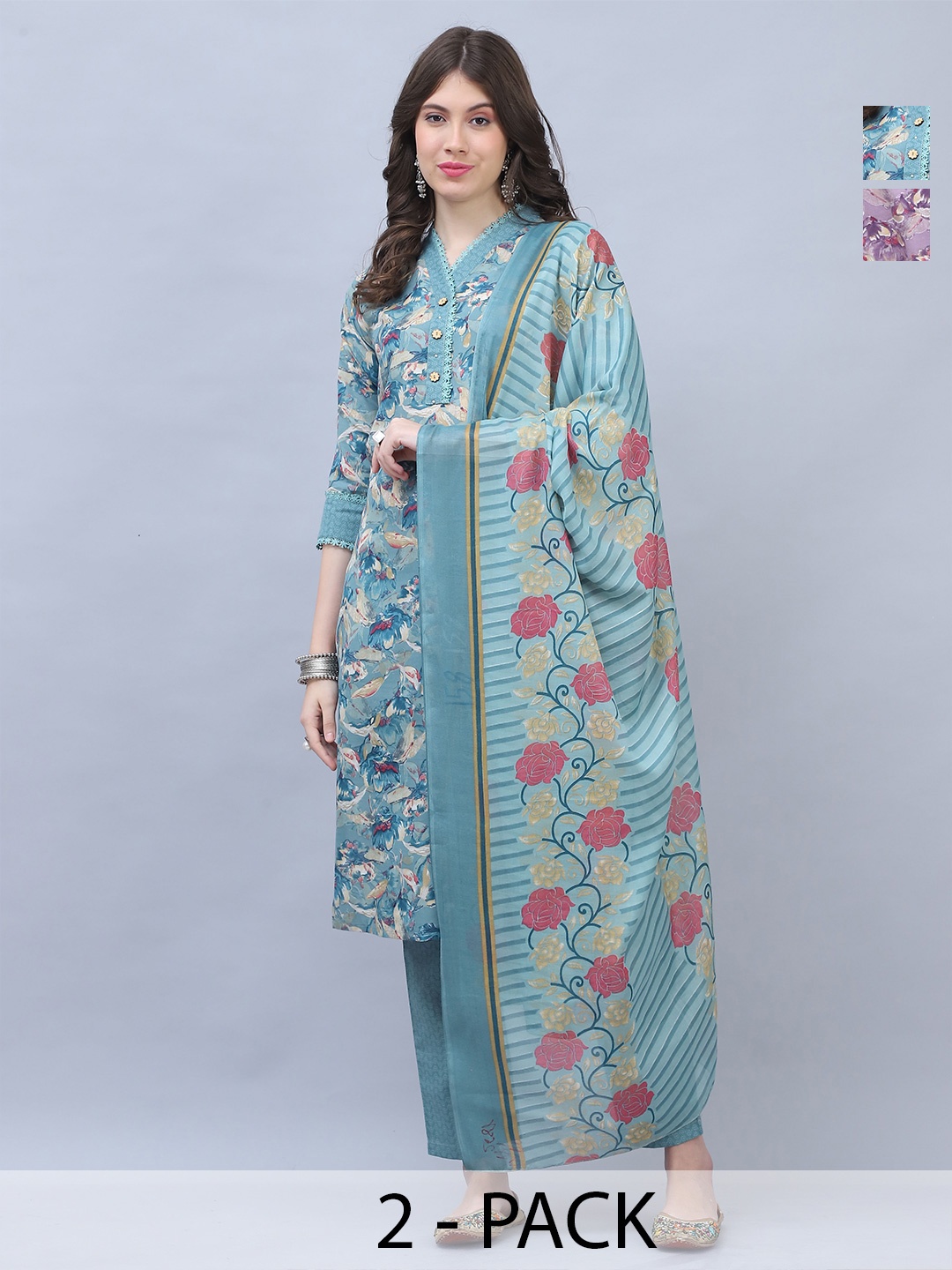 

Rajnandini Selection Of 2 Floral Printed Gotta Patti Straight Kurta with Trouser & Dupatta, Turquoise blue