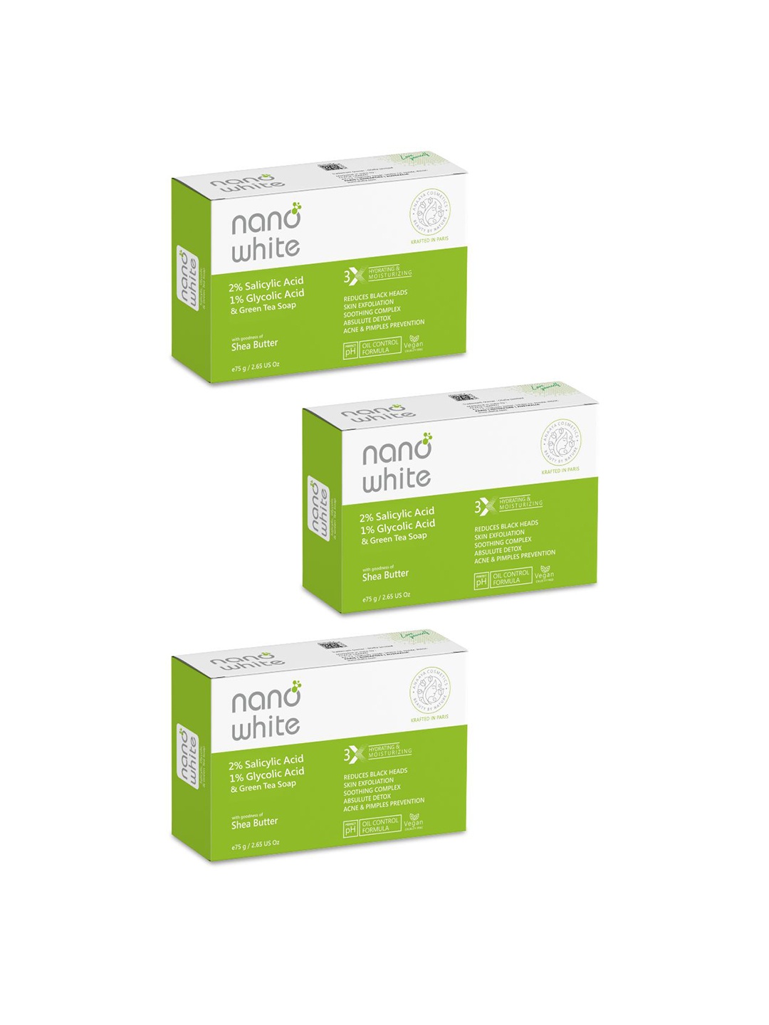 

nano white Set Of 3 Salicylic Acid, Glycolic Acid & Green Tea Soap - 75 g Each