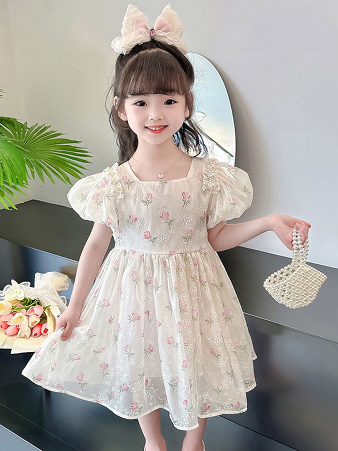

LULU & SKY Floral Print Flutter Sleeve Empire Dress, White