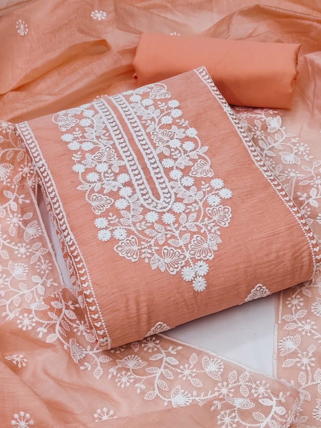

Rangtulika Ethnics Motifs Embroidered Thread Work Unstitched Dress Material, Peach