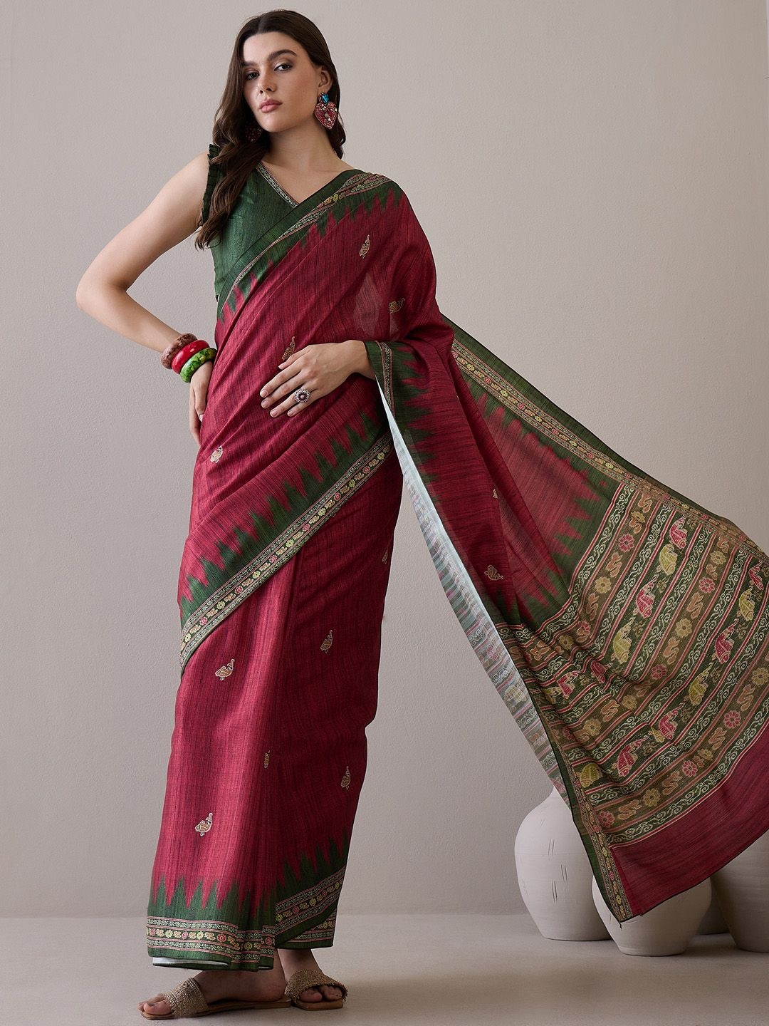 

Mitera Floral Silk Blend Bagru Saree, Maroon