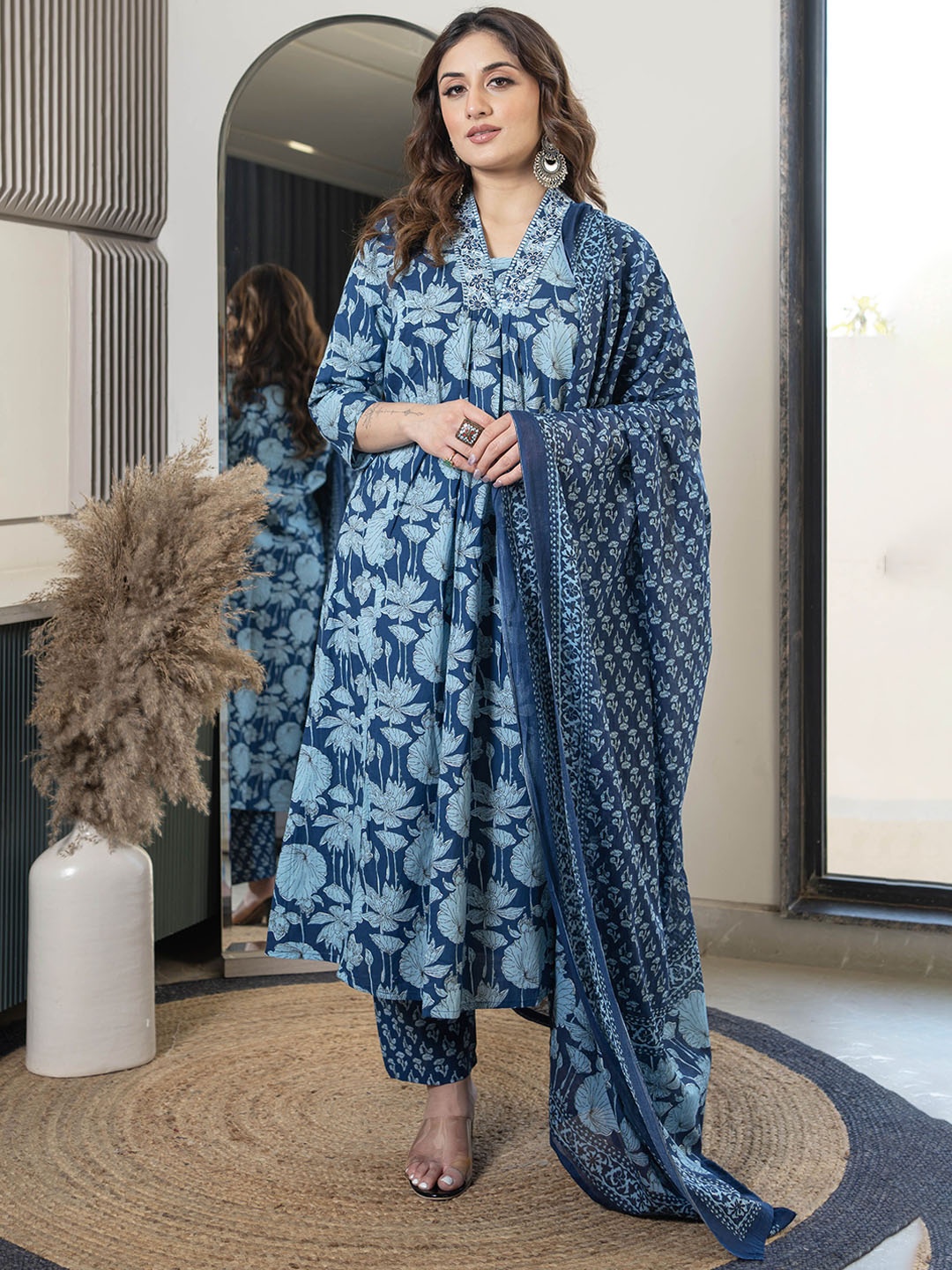 

Arayna Floral Printed V-Neck Pure Cotton A-Line Kurta With Trousers & Dupatta, Blue