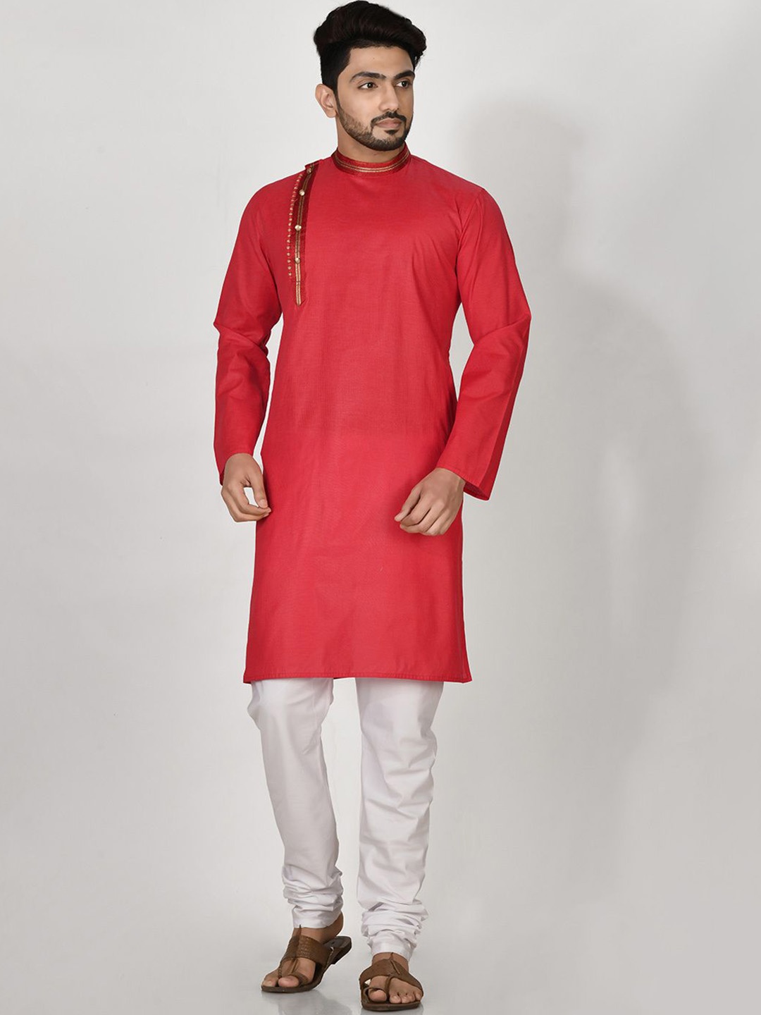 

RANAK Mandarin Collar Organic Cotton Straight Kurta, Red
