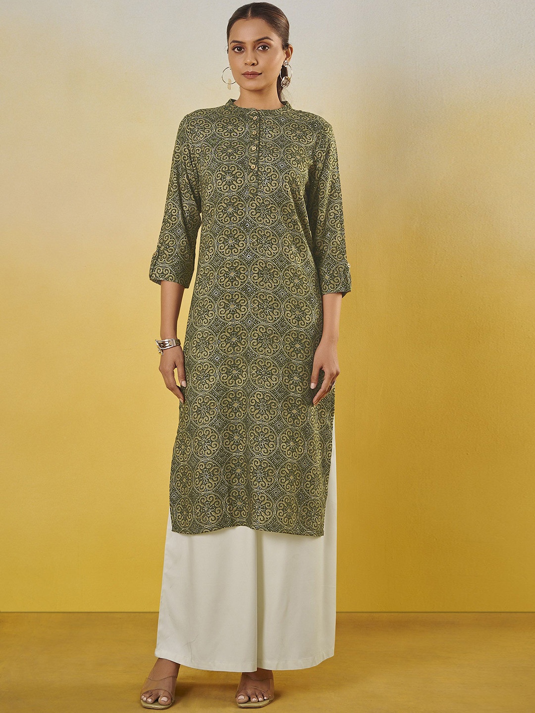 

Anouk Geometric Printed Mandarin Collar Pure Cotton Kurta, Green