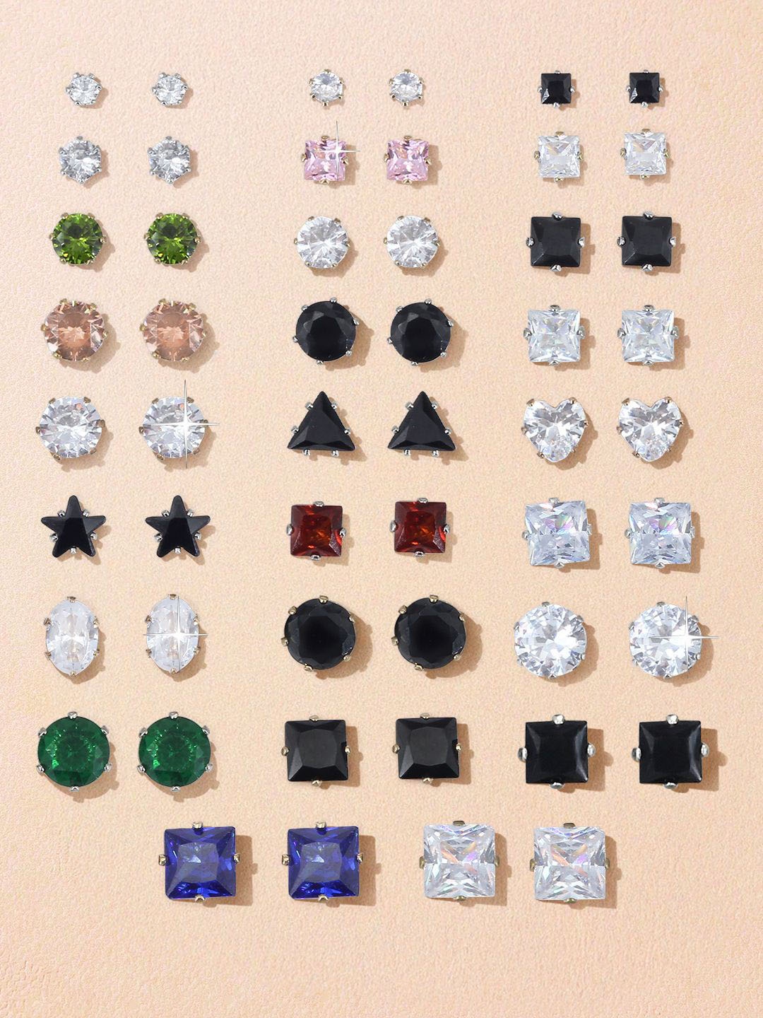 

PRIVIU Set of 26 Silver-Toned American Diamond Geometric Shaped Stud Earrings, White