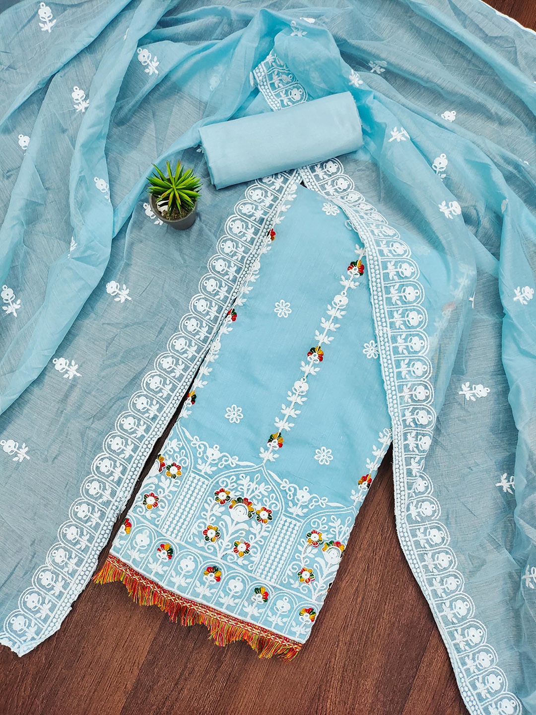 

SAINOOR Floral Embroidered Chanderi Cotton Semi-Stitched Dress Material, Blue