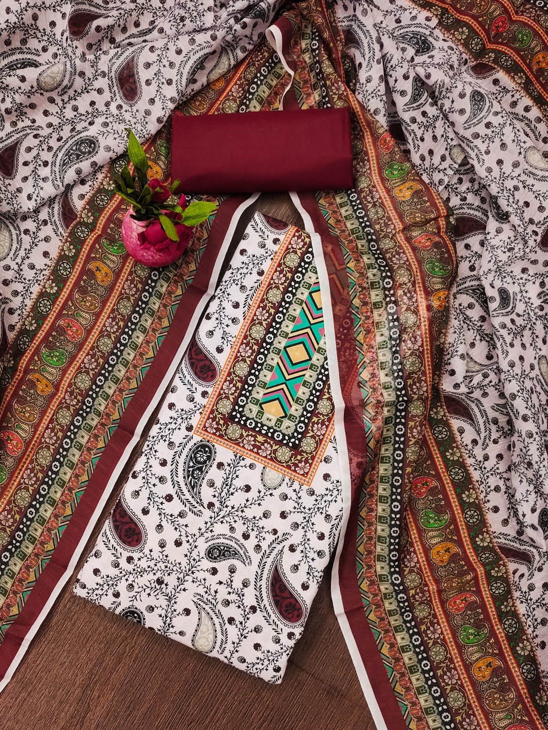 

Rangtulika Ethnic Motifs Printed Chanderi Cotton Unstitched Dress Material, White