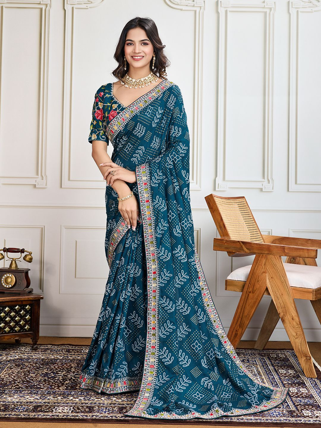 

House of Pataudi Panetar-2 Bandhani Printed With Embroidered Saree With Unstitched Blouse, Teal