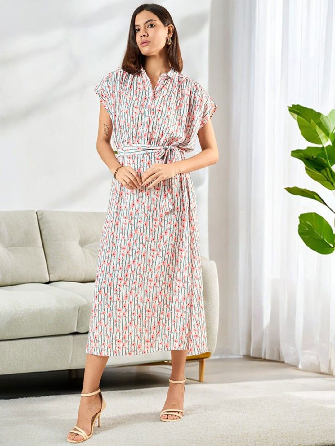 

DressBerry Floral Print Flared Sleeve Midi Dress, Peach