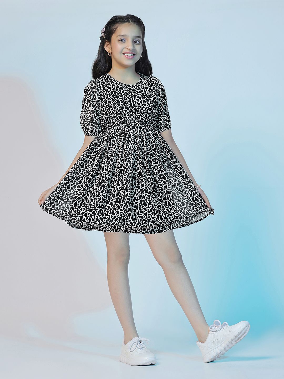

YK Animal Print Puff Sleeve Georgette Fit & Flare Dress, Black