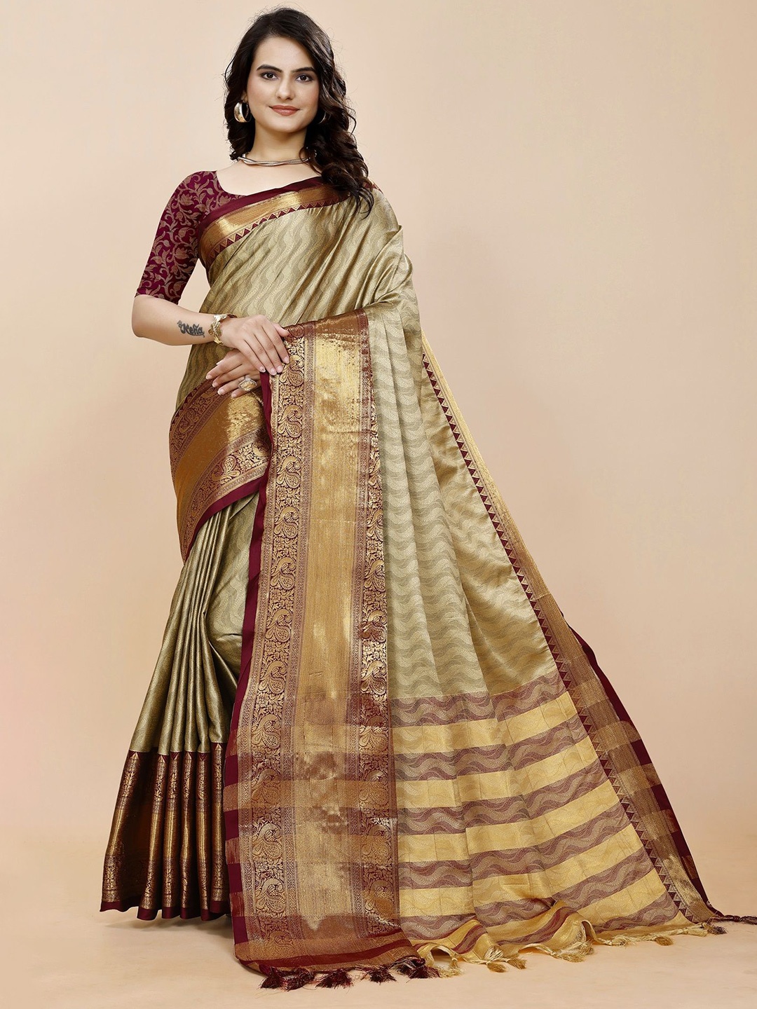 

Fashion FRICKS Ethnic Motifs Zari Silk Cotton Saree, Beige