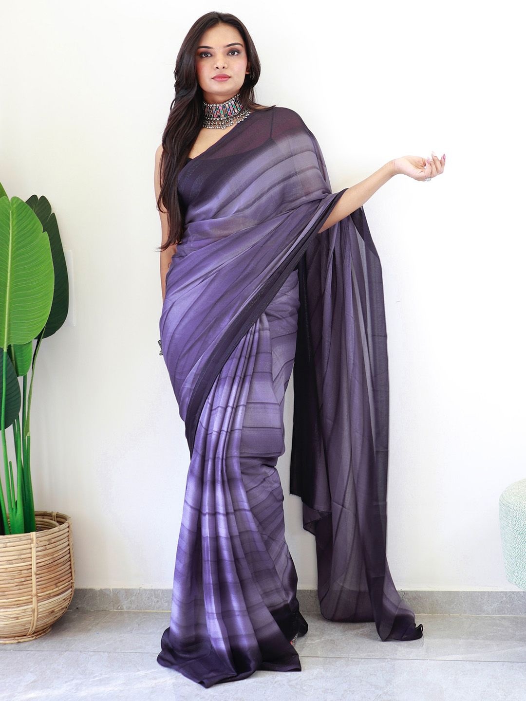 

Anouk Rustic Striped Poly Georgette Saree, Purple