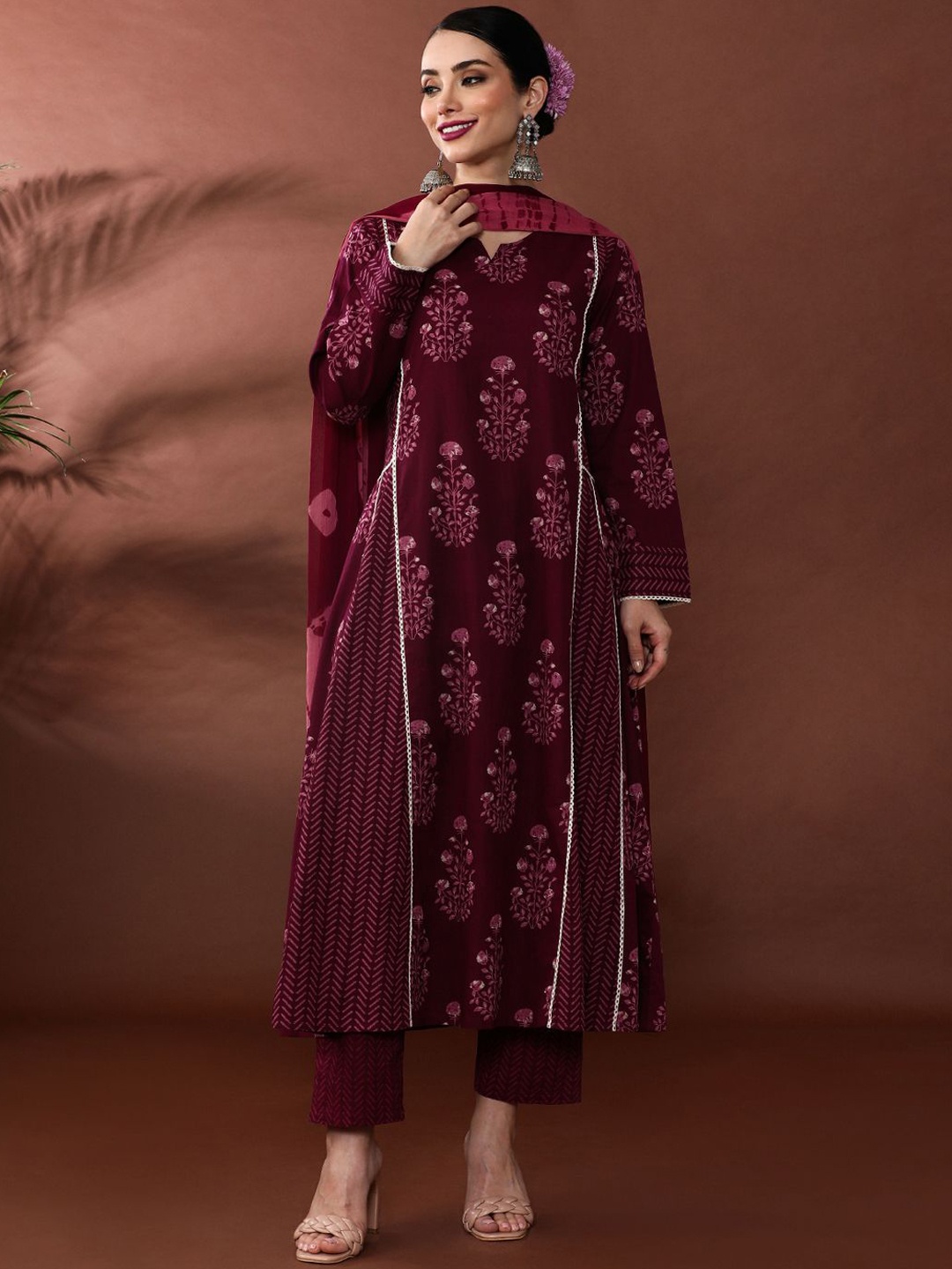 

Anouk Floral Printed Gotta Patti Pure Cotton A-Line Kurta With Trousers & Dupatta, Maroon