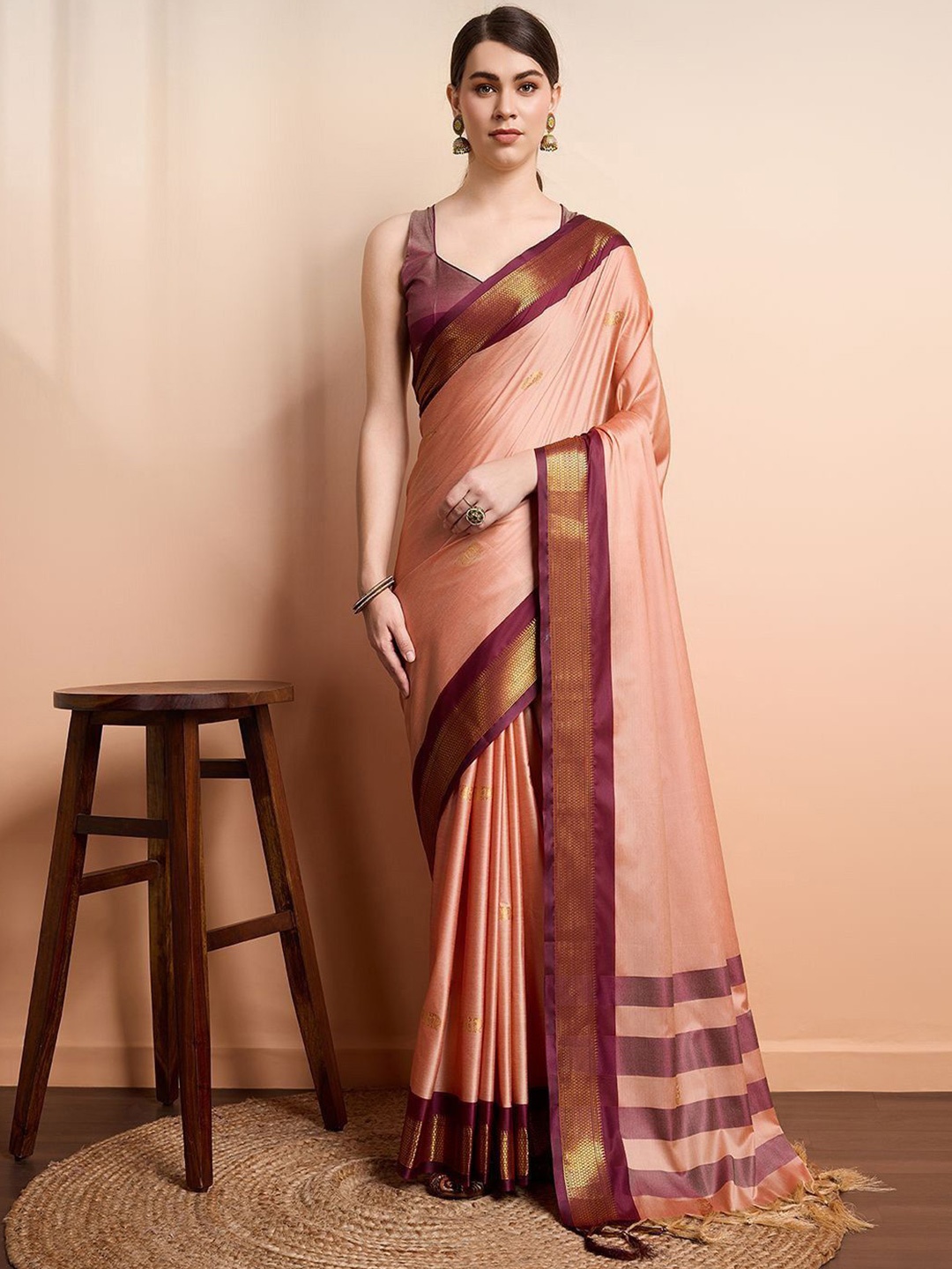 

SILKWEAR Ethnic Motifs Zari Silk Cotton Kanjeevaram Saree, Peach