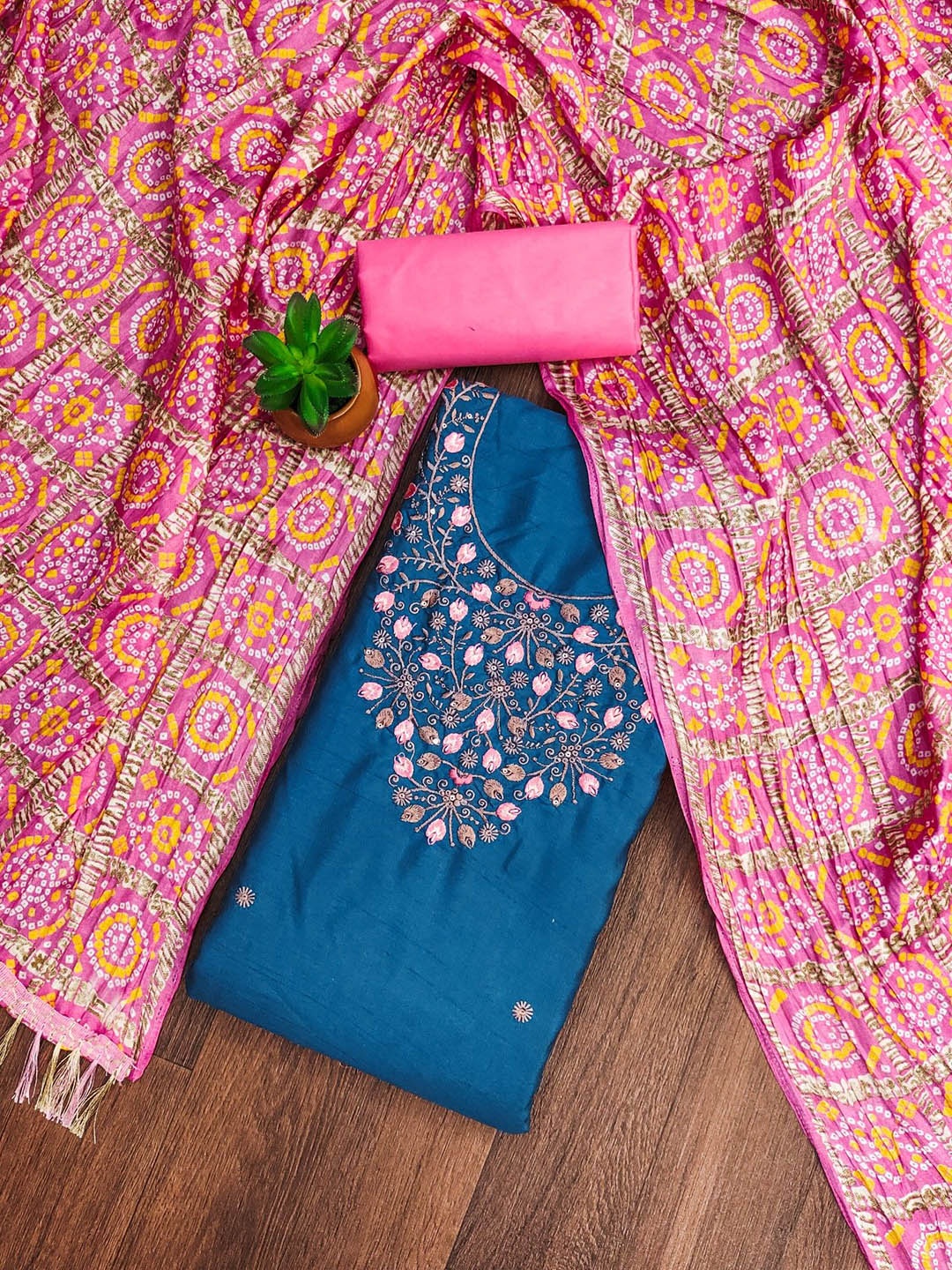

Rangtulika Ethnics Floral Embroidered Cotton Unstitched Dress Material, Blue