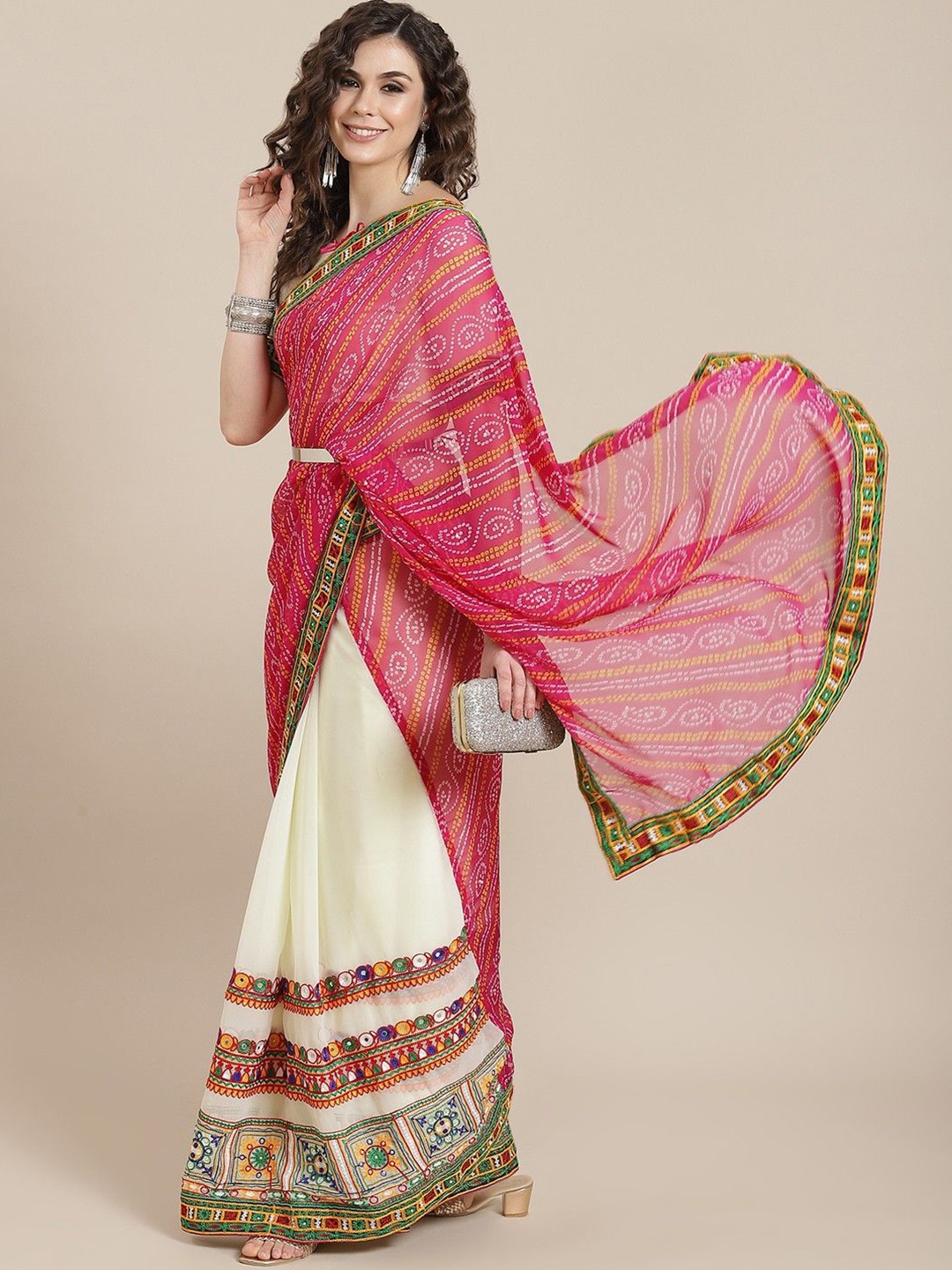 

DIVASTRI Bandhani Embroidered Pure Georgette Half and Half Bandhani Saree, Pink