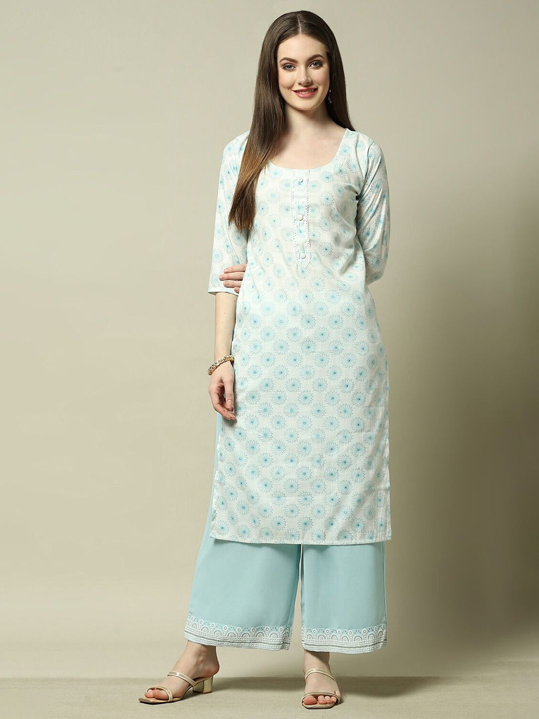 

Rangriti Women Ethnic Motifs Embroidered Knitted Georgette Ethnic Palazzos, Blue