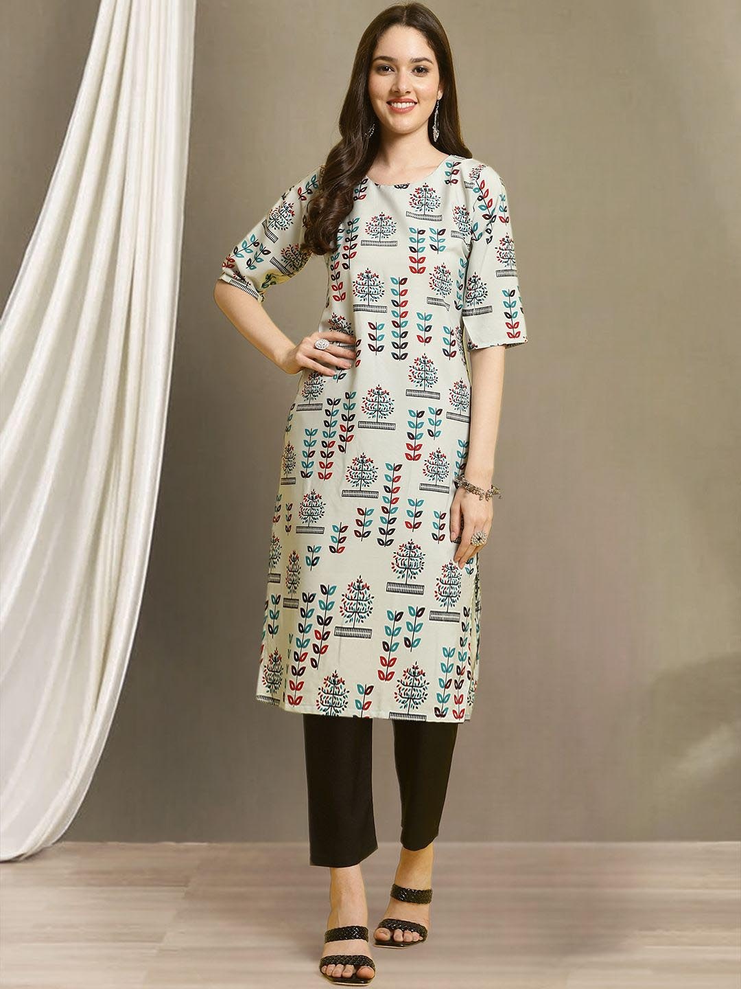 

Moda Rapido Ethnic Motifs Printed Straight Kurta with Trousers, Cream