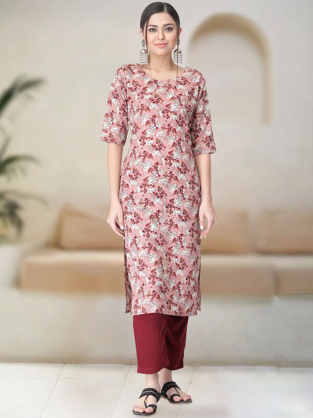

Moda Rapido Ethnic Motifs Printed Straight Kurta with Trousers, Peach