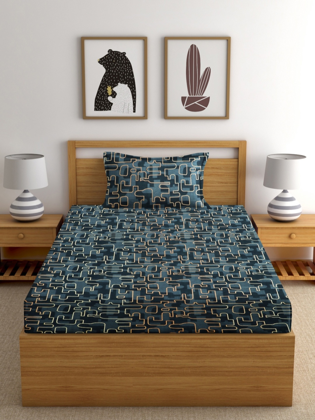 

EXFAB Geometric Printed Pure Cotton Fitted 244 TC Single Bedsheet Set 1.87 m x 1.16 m, Green